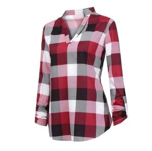 Plaid V-Neck Long Sleeve Shirt